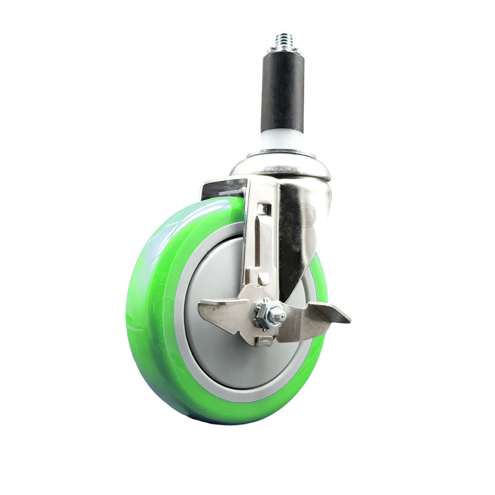 Polyurethane Swivel Stem Caster with 5 in. Green Caster Wheels & Top Lock Brake, 1.38 in. Expanding Stem - 316 Stainless Steel Caster