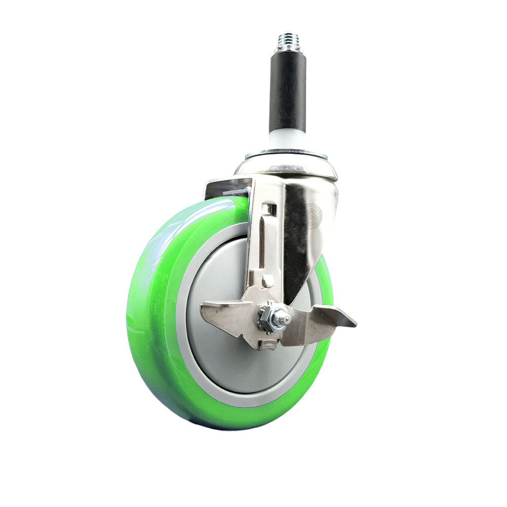 Polyurethane Swivel Stem Caster with 5 in. Green Caster Wheels & Top Lock Brake, 0.75 in. Expanding Stem - 316 Stainless Steel Caster