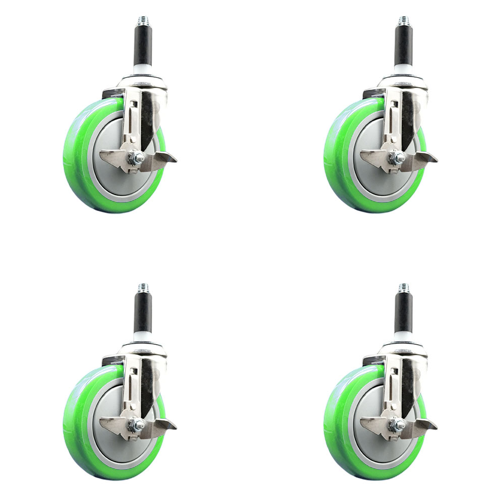 Polyurethane Swivel Stem Caster with 5 in. Green Caster Wheels, 0.75 in. Expanding Stems - 316 Stainless Steel Casters - Set of 4