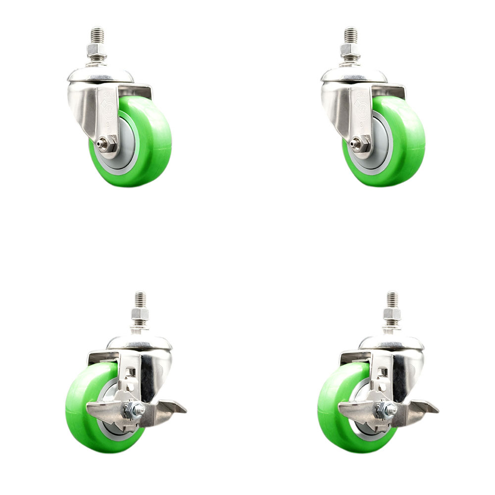 Poly Swivel Stem Caster with 3 in. Green Caster Wheels, 0.5 in. Threaded Stems - 316 Stainless Steel Casters - Set of 4
