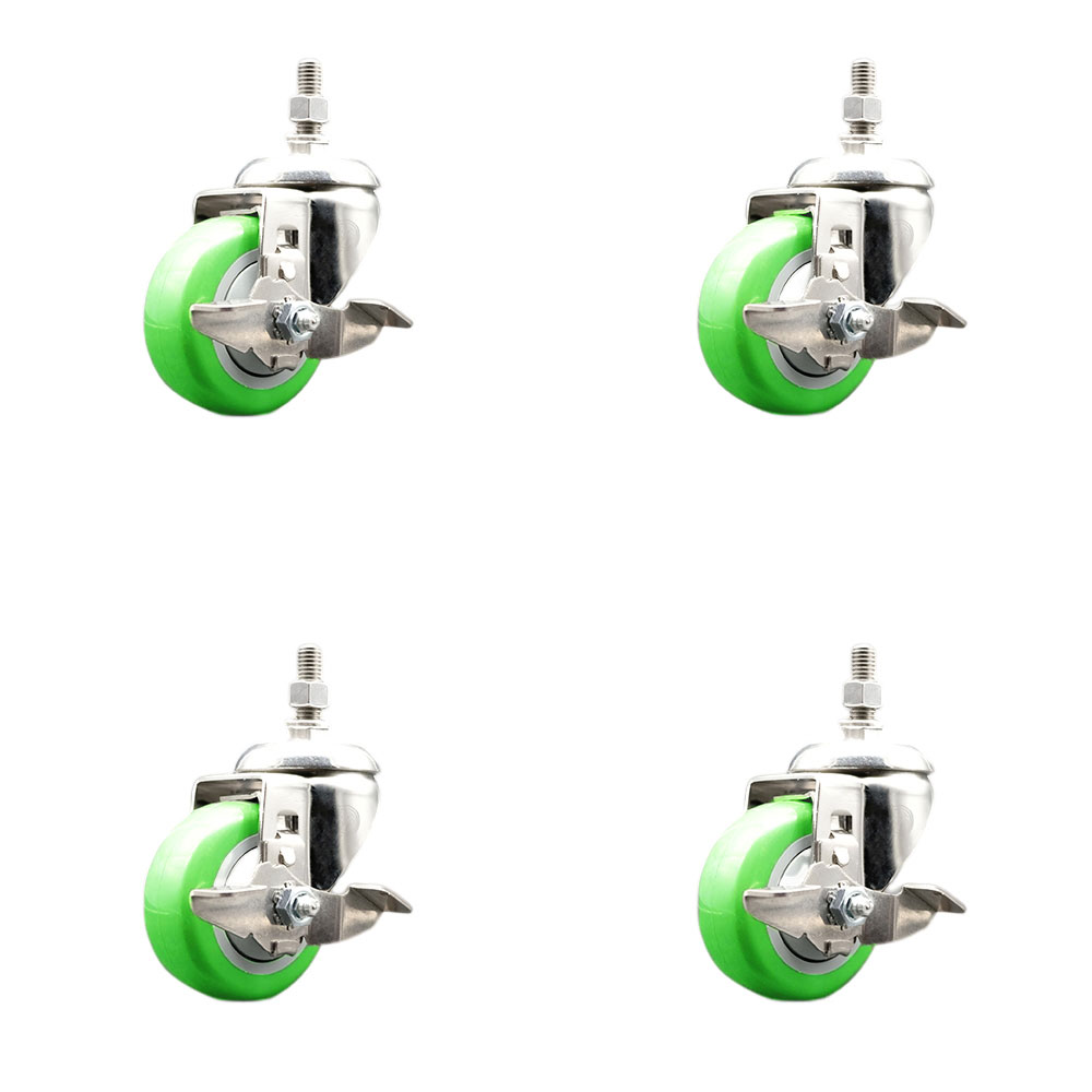 Polyurethane Swivel Stem Caster with 3 in. Green Caster Wheels, 10 mm Threaded Stems - 316 Stainless Steel Casters - Set of 4