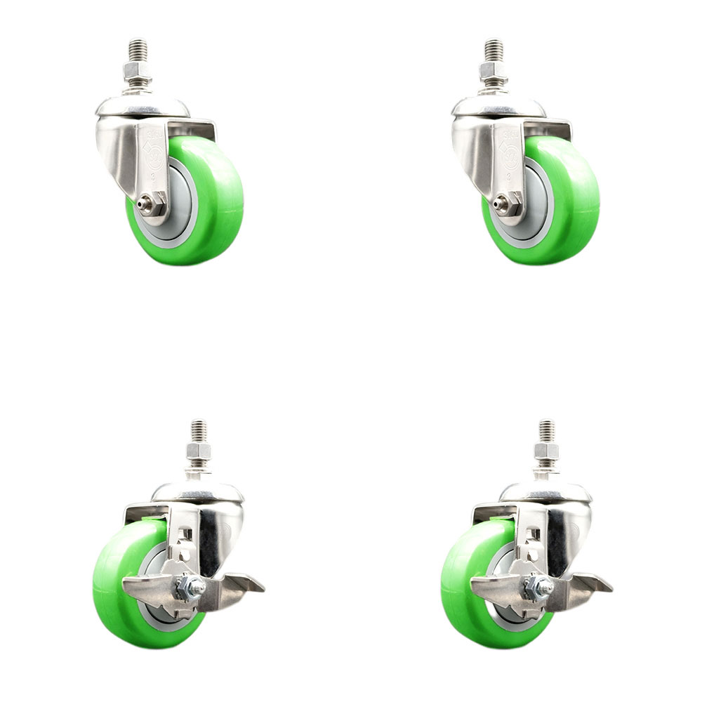 Poly Swivel Stem Caster with 3.5 in. Green Caster Wheels, 12 mm Threaded Stems - 316 Stainless Steel Casters - Set of 4