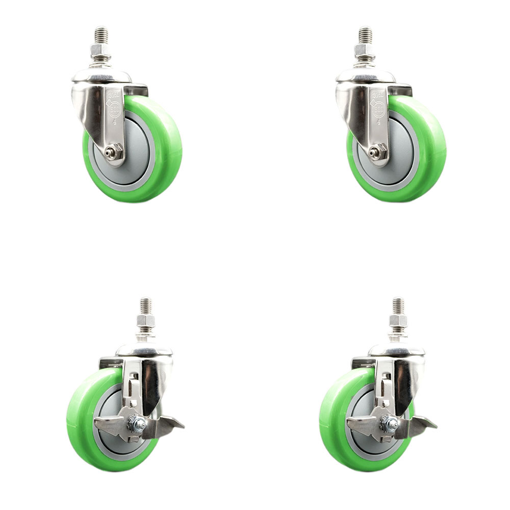 Poly Swivel Stem Caster with 4 in. Green Caster Wheels, 0.5 in. Threaded Stems - 316 Stainless Steel Casters - Set of 4