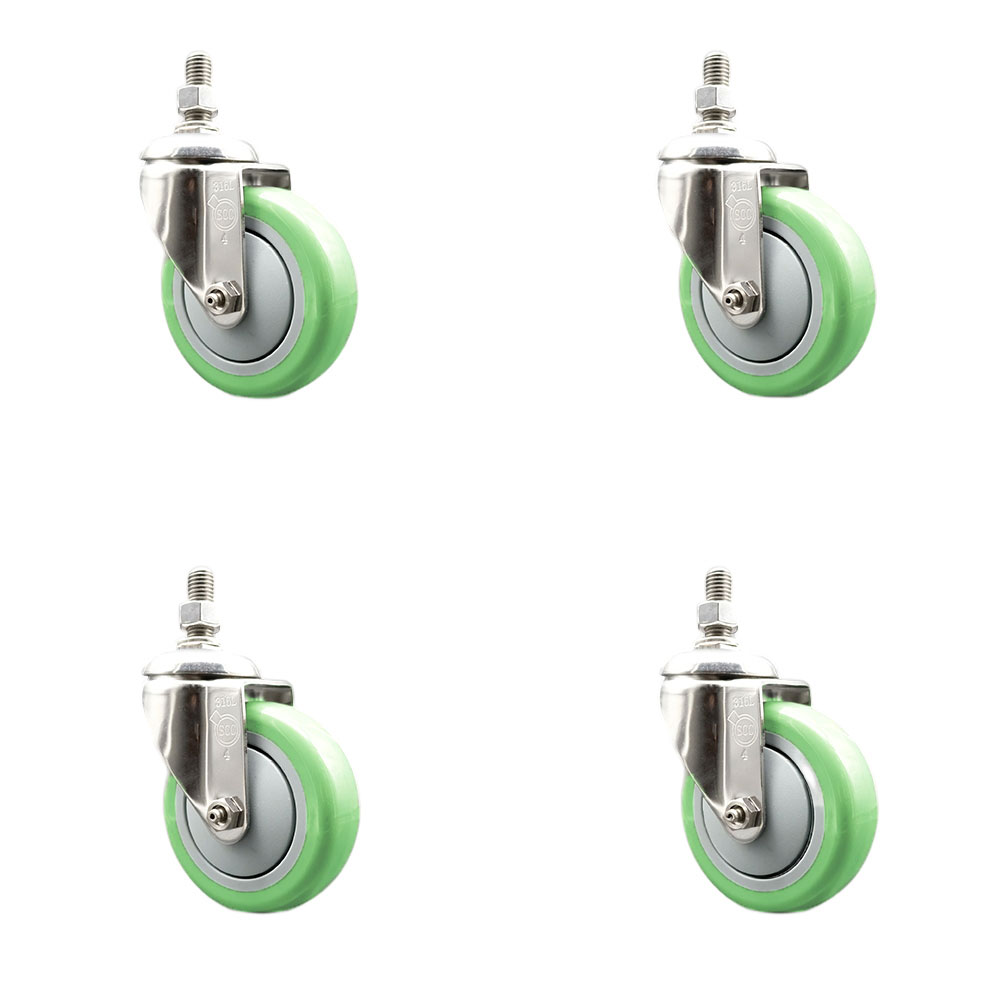 Polyurethane Swivel Stem Caster with 4 in. Green Caster Wheels, 0.5 in. Threaded Stems - 316 Stainless Steel Casters - Set of 4