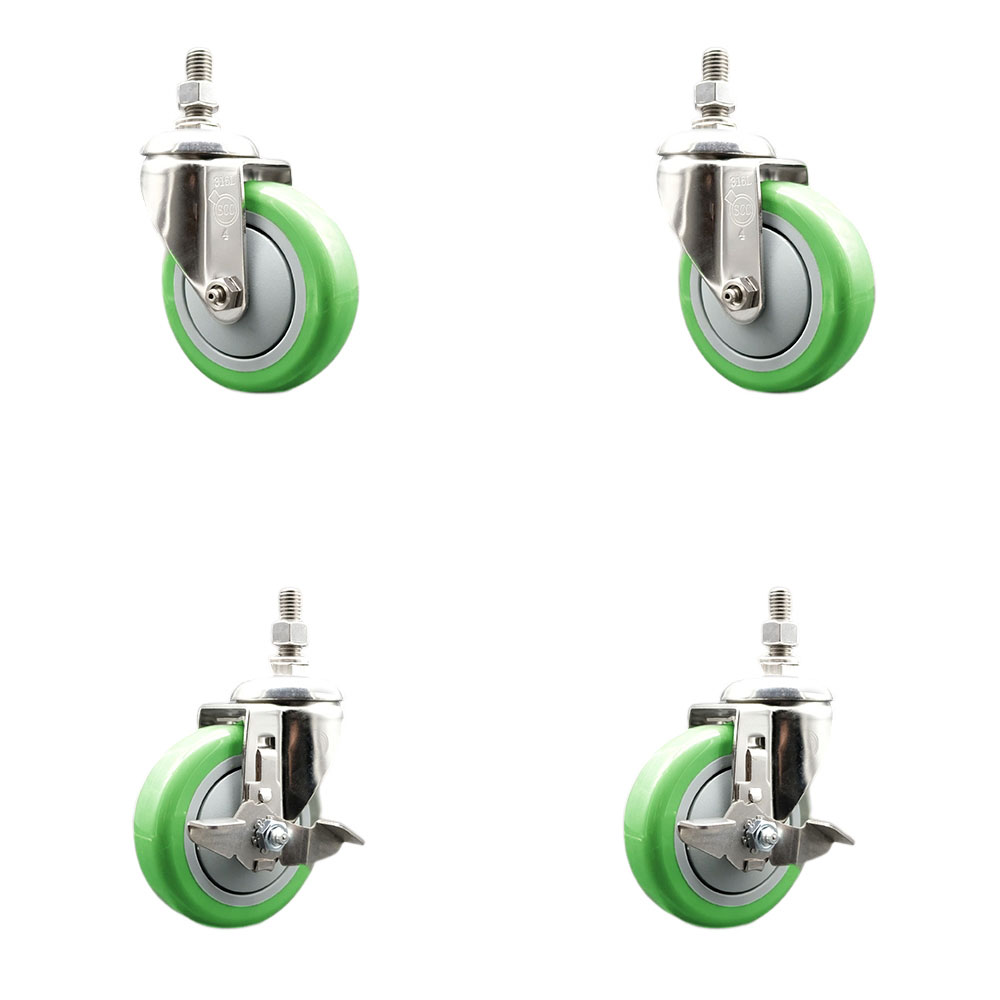 Poly Swivel Stem Caster with 4 in. Green Caster Wheels, 10 mm Threaded Stems - 316 Stainless Steel Casters - Set of 4