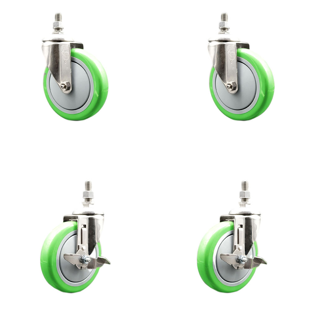 Poly Swivel Stem Caster with 5 in. Green Caster Wheels, 0.5 in. Threaded Stems - 316 Stainless Steel Casters - Set of 4