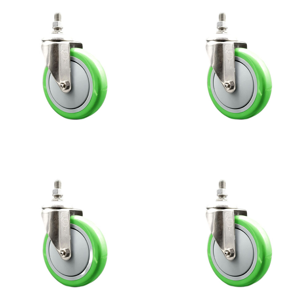 Polyurethane Swivel Stem Caster with 5 in. Green Caster Wheels, 0.5 in. Threaded Stems - 316 Stainless Steel Casters - Set of 4