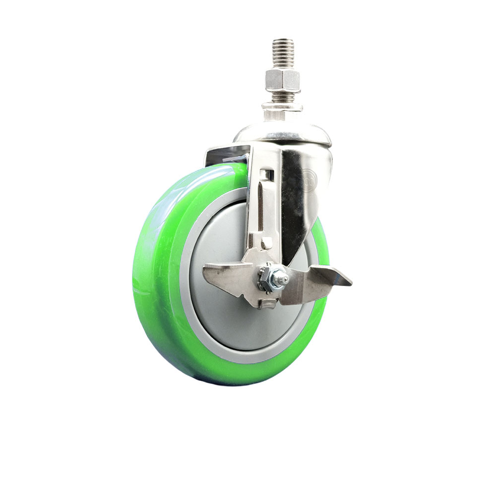 Polyurethane Swivel Stem Caster with 5 in. Green Caster Wheels & Top Lock Brake, 12 mm Threaded Stem - 316 Stainless Steel Caster