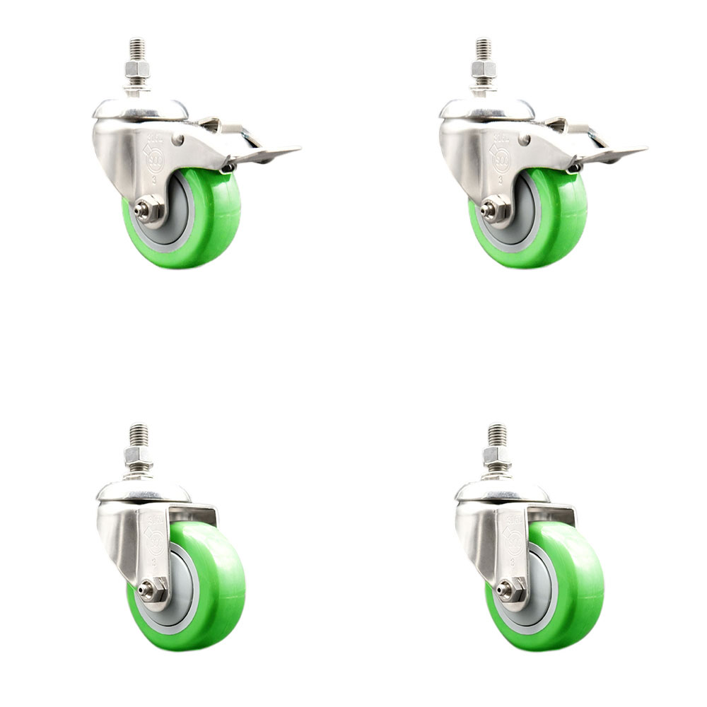 Poly Swivel Stem Caster with 3 in. Green Caster Wheels, 12 mm Threaded Stems - 316 Stainless Steel Casters - Set of 4