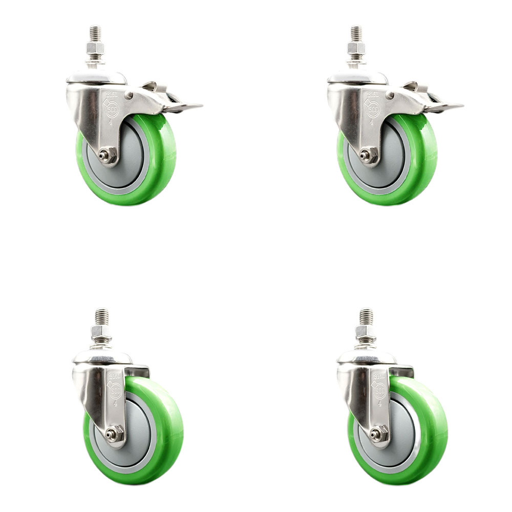 Poly Swivel Stem Caster with 4 in. Green Caster Wheels, 10 mm Threaded Stems - 316 Stainless Steel Casters - Set of 4