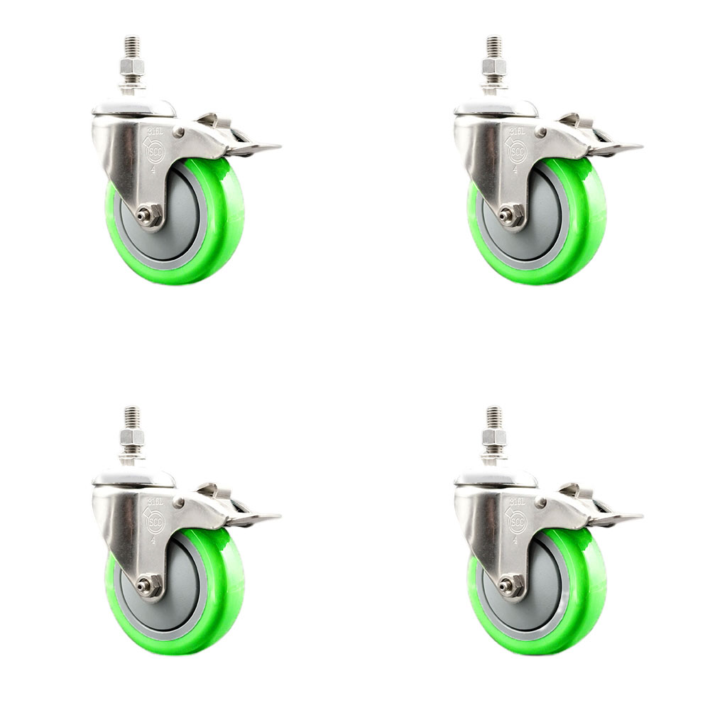 Polyurethane Swivel Stem Caster with 4 in. Green Caster Wheels, 10 mm Threaded Stems - 316 Stainless Steel Casters - Set of 4