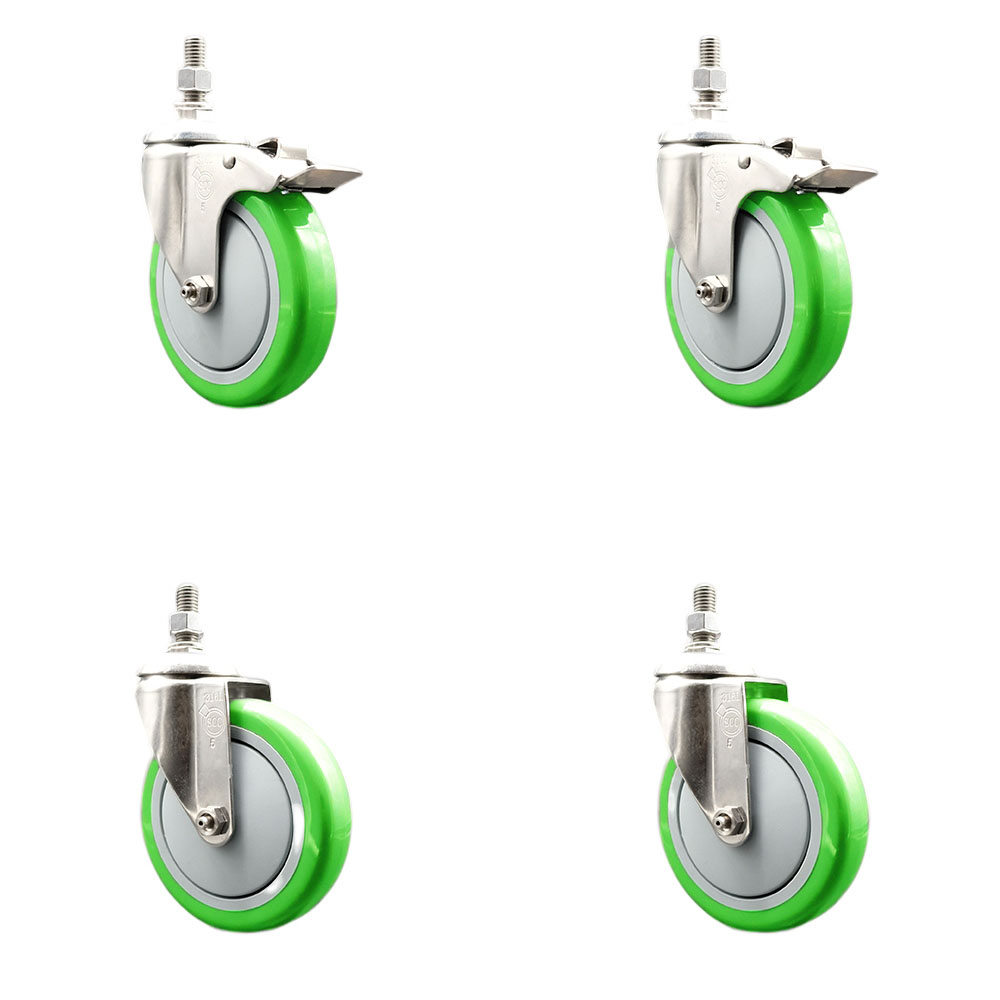 Poly Swivel Stem Caster with 5 in. Green Caster Wheels, 10 mm Threaded Stems - 316 Stainless Steel Casters - Set of 4
