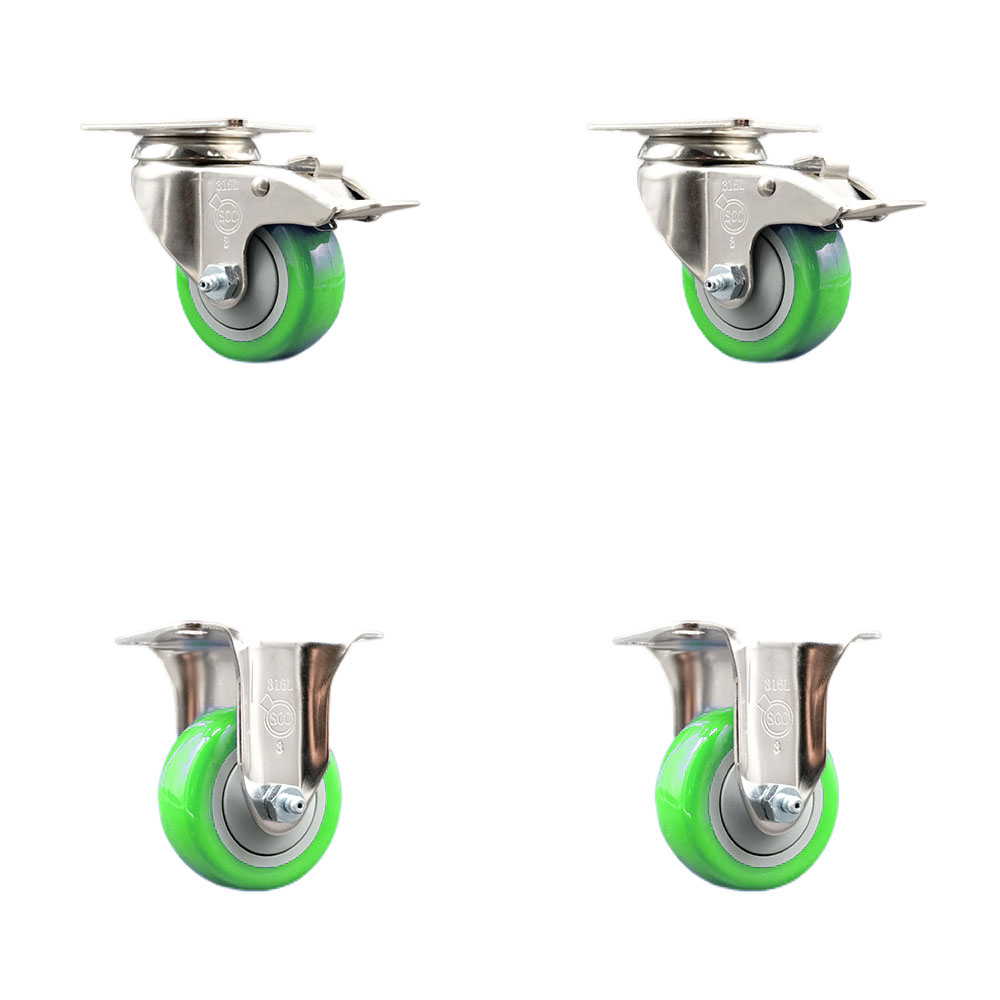 SCC-SS316TTL20S314-PPUB-GRN-2-R-2 Polyurethane Swivel Top Plate Caster with 3 in. 316 Stainless Steel Green Wheels - Set of 4