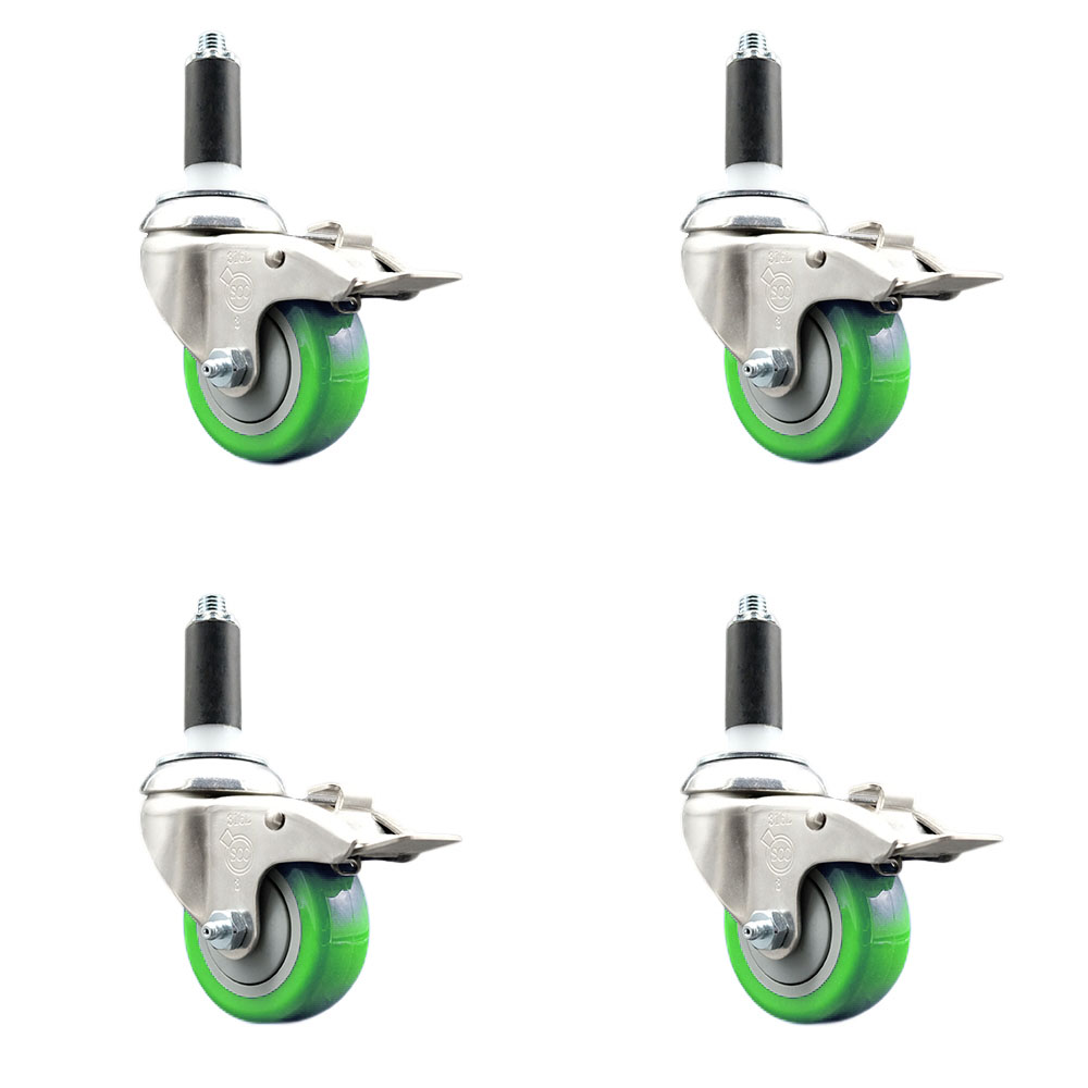 Polyurethane Swivel Stem Caster with 3 in. Green Caster Wheels, 1.13 in. Expanding Stems - 316 Stainless Steel Casters - Set of 4