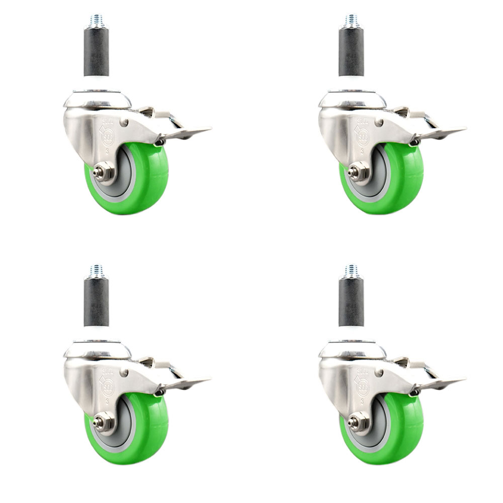 Polyurethane Swivel Stem Caster with 3.5 in. Green Caster Wheels, 1.13 in. Expanding Stems - 316 Stainless Steel Casters - Set of 4