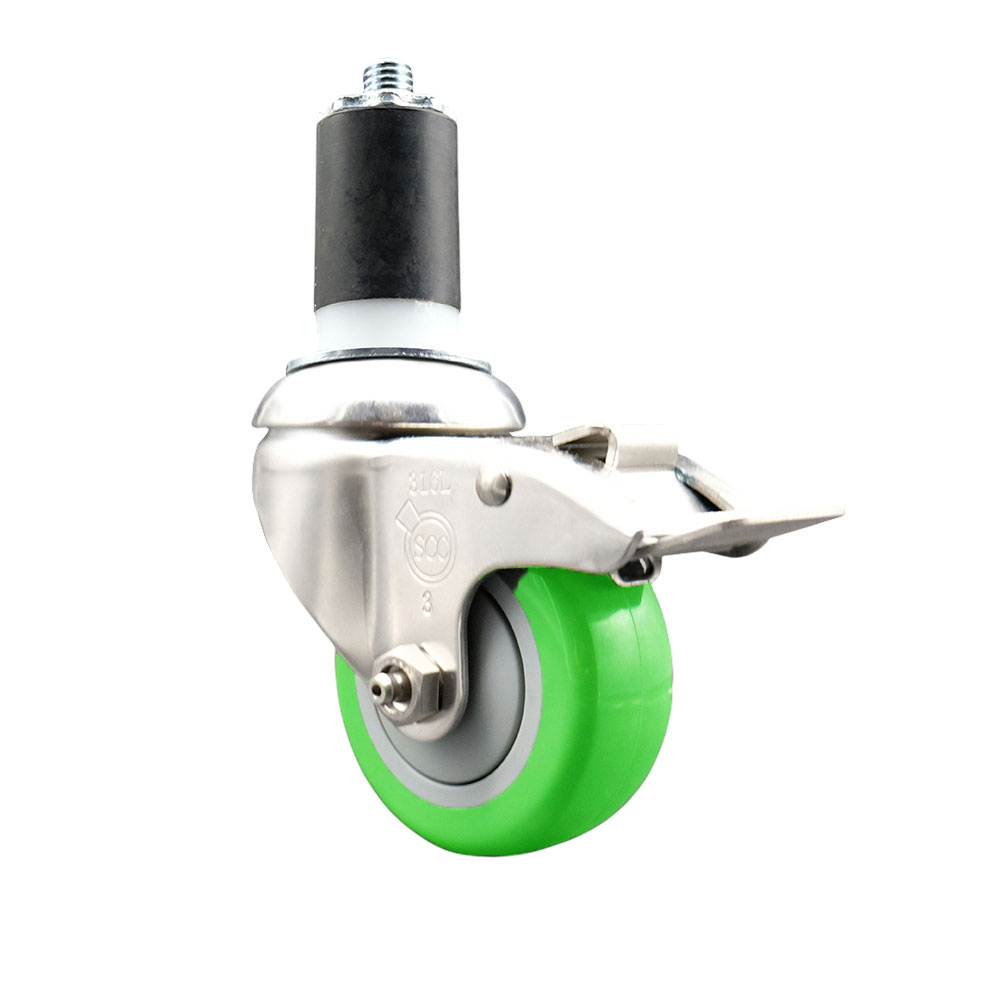 Polyurethane Swivel Stem Caster with 3.5 in. Green Caster Wheels & Total Lock Brake, 1.63 in. Expanding Stem - 316 Stainless Steel Caster