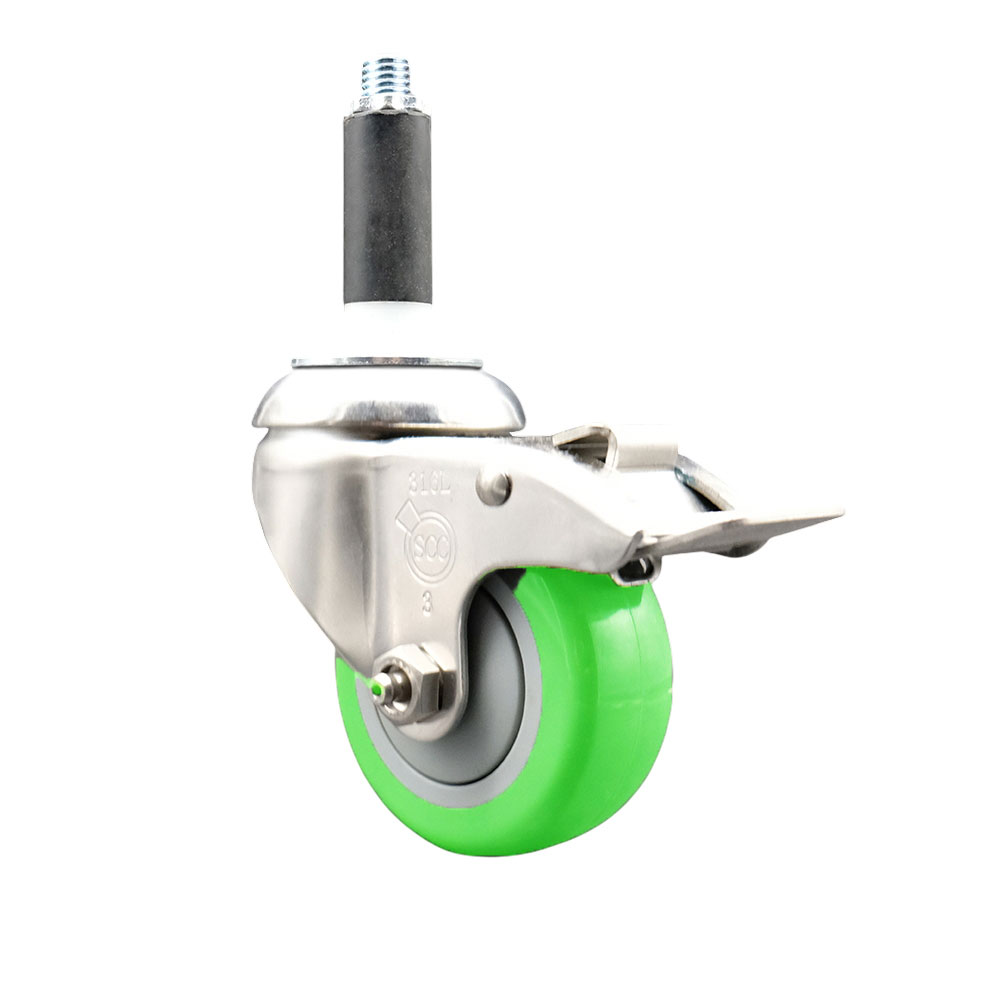 Polyurethane Swivel Stem Caster with 3.5 in. Green Caster Wheels & Total Lock Brake, 0.87 in. Expanding Stem - 316 Stainless Steel Caster