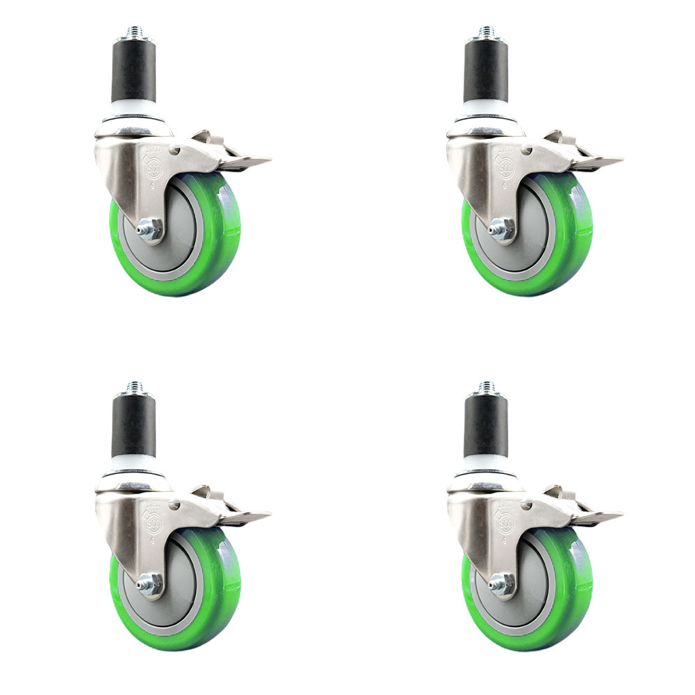 Polyurethane Swivel Stem Caster with 4 in. Green Caster Wheels, 1.5 in. Expanding Stems - 316 Stainless Steel Casters - Set of 4