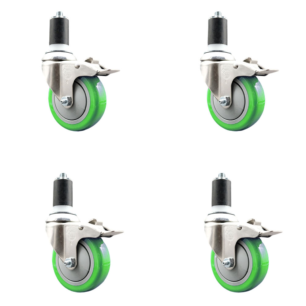 Polyurethane Swivel Stem Caster with 4 in. Green Caster Wheels, 1.63 in. Expanding Stems - 316 Stainless Steel Casters - Set of 4