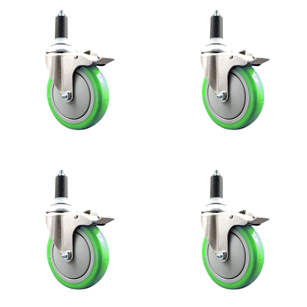 Polyurethane Swivel Stem Caster with 5 in. Green Caster Wheels, 1.25 in. Expanding Stems - 316 Stainless Steel Casters - Set of 4