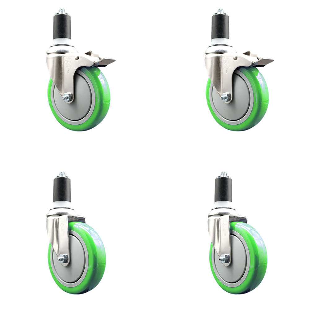 Polyurethane Swivel Stem Caster with 5 in. Green Caster Wheels, 1.5 in. Expanding Stem - 316 Stainless Steel Casters - Set of 4