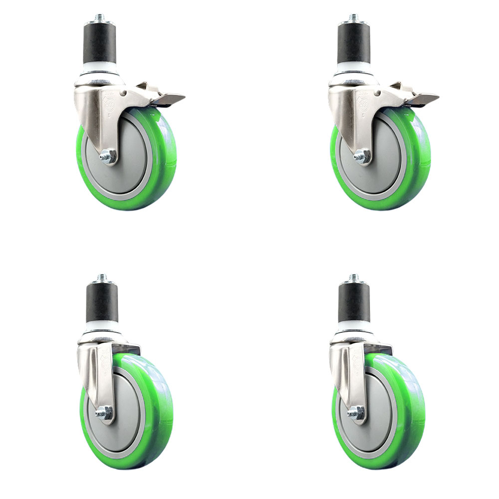 Polyurethane Swivel Stem Caster with 5 in. Green Caster Wheels, 1.75 in. Expanding Stem - 316 Stainless Steel Casters - Set of 4