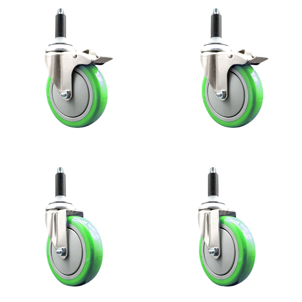 Polyurethane Swivel Stem Caster with 5 in. Green Caster Wheels, 0.75 in. Expanding Stem - 316 Stainless Steel Casters - Set of 4