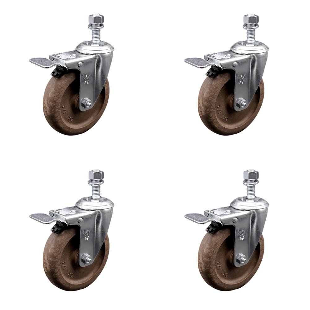 Stainless Steel High Temperature Glass Filled Nylon Swivel Threaded Stem Caster with 5 x 1.25 in. Brown Wheels & 0.5 in. Stems - Set of 4