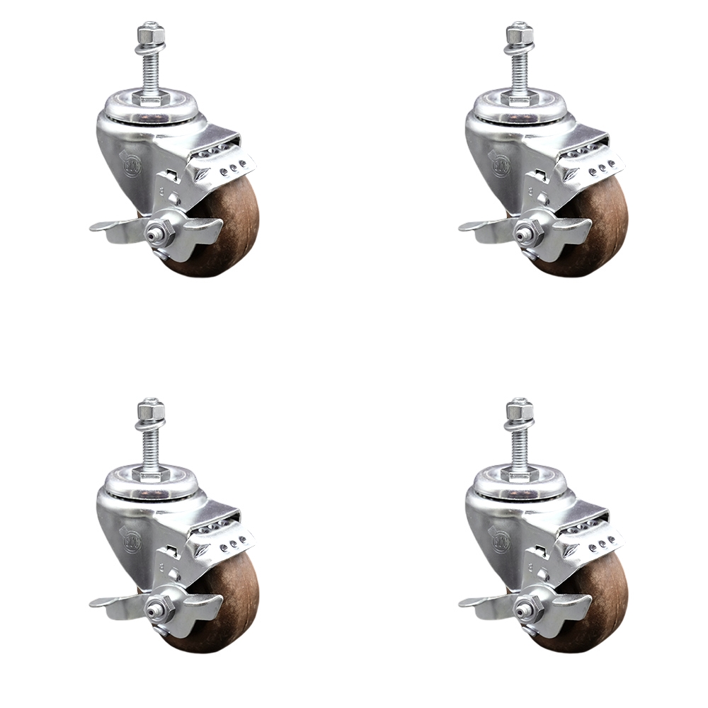High Temperature Glass Filled Nylon Swivel Threaded Stem Caster with 3 x 1.25 in. Brown Wheels & 0.38 in. Stems - Set of 4