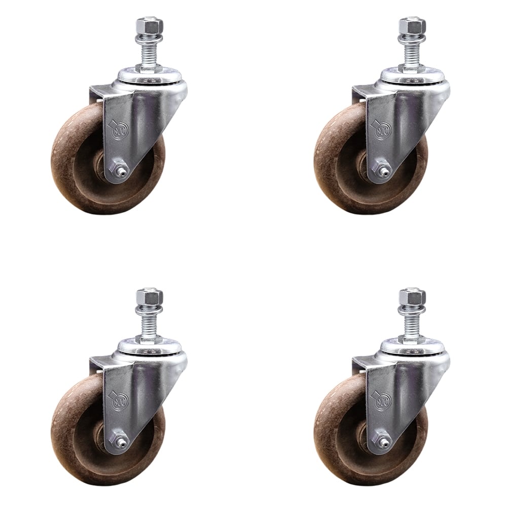 Stainless Steel High Temperature Glass Filled Nylon Swivel Threaded Stem Caster with 4 x 1.25 in. Brown Wheels & 0.38 in. Stems - Set of 4