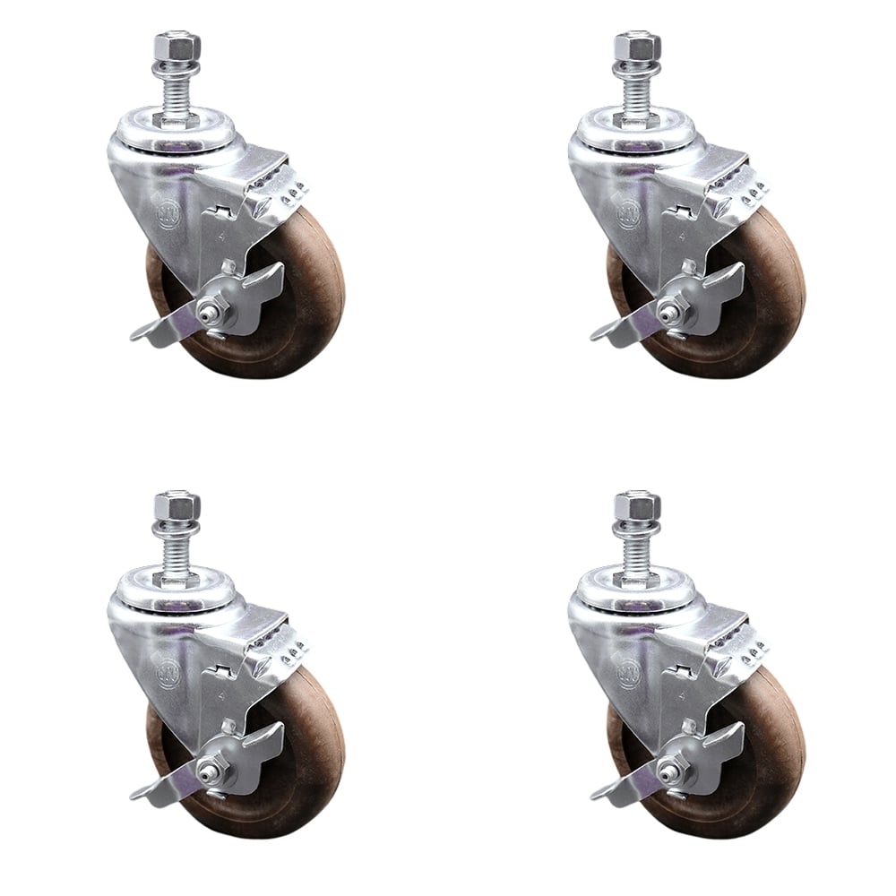 Stainless Steel High Temperature Glass Filled Nylon Swivel Threaded Stem Caster with 4 x 1.25 in. Brown Wheels & 0.38 in. Stems - Set of 4