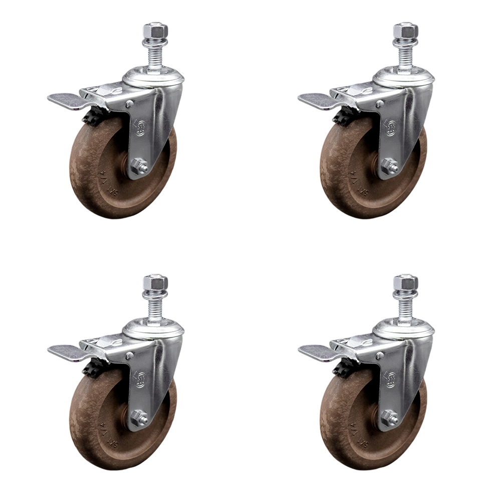 Stainless Steel High Temperature Glass Filled Nylon Swivel Threaded Stem Caster with 5 x 1.25 in. Brown Wheels & 12 mm Stems - Set of 4