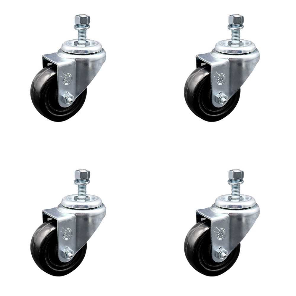 SCC-TS20S314-HRS-381615-4 Hard Rubber Swivel Threaded Stem Caster with 3 x 1.25 in. Black Wheels & 0.38 in. Stems - Set of 4