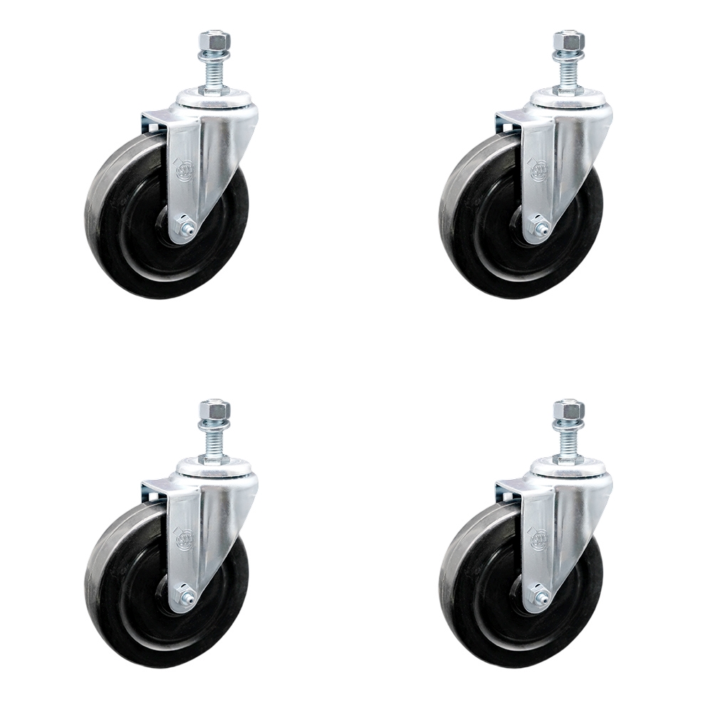 SCC-TS20S514-HRS-M1015-4 Hard Rubber Swivel Threaded Stem Caster with 5 x 1.25 in. Black Wheels & 10 mm Stems - Set of 4