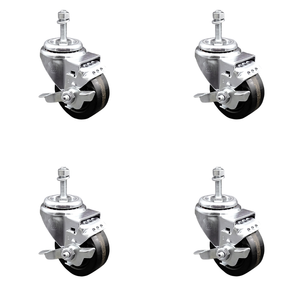 SCC-TS20S3514-PHR-TLB-381615-4 Phenolic Swivel Threaded Stem Caster with Roller Bearing with 3.5 x 1.25 in. Black Wheels & 0.38 in. Stems - Set of 4