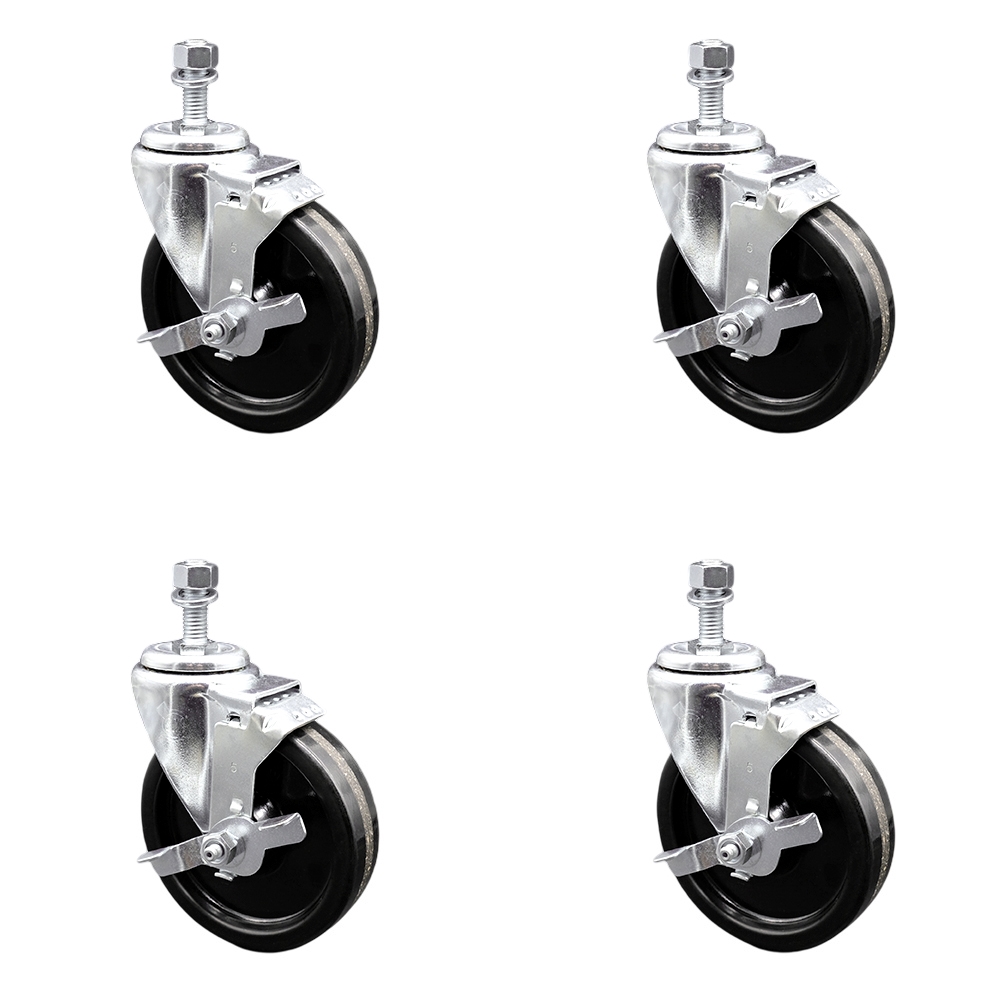 SCC-TS20S514-PHR-TLB-M1215-4 Phenolic Swivel Threaded Stem Caster with Roller Bearing with 5 x 1.25 in. Black Wheels & 12 mm Stems - Set of 4