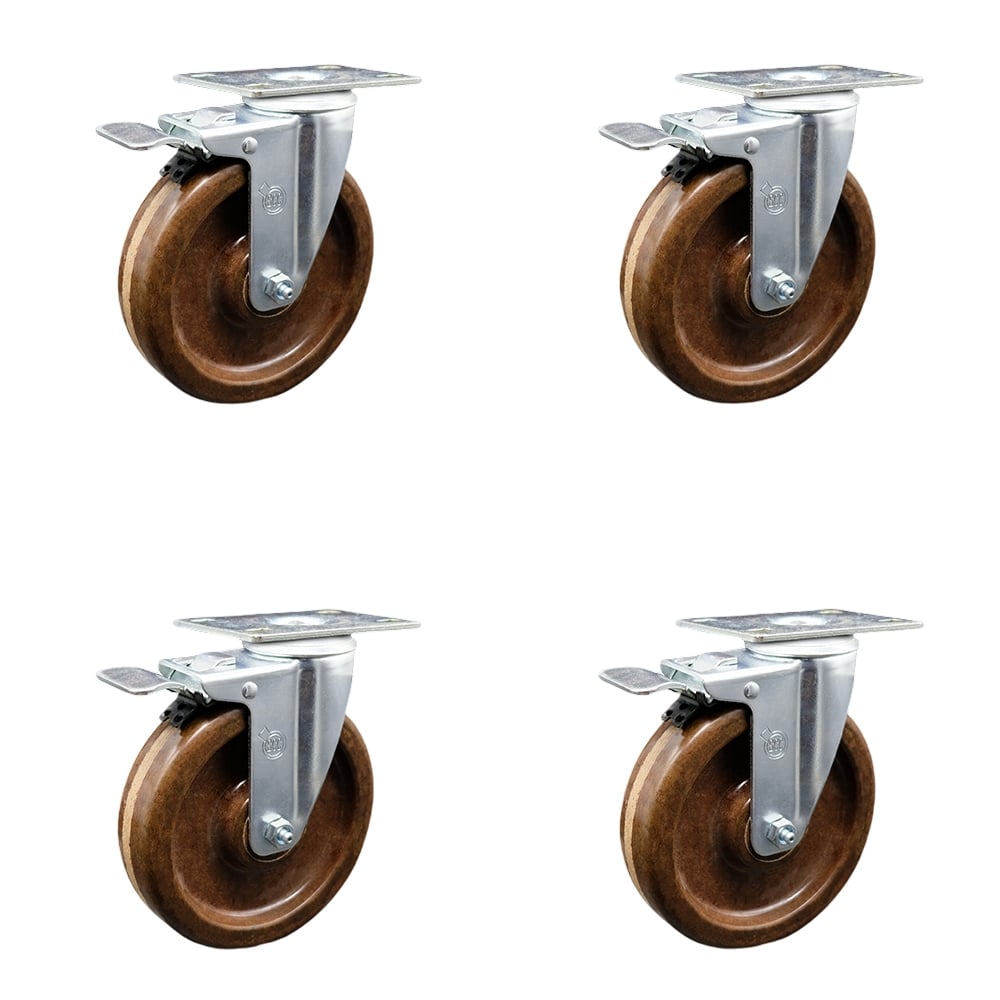 SCC-TTL20S514-PHRHT-4 High Temperature Phenolic Swivel Top Plate Caster with Roller Bearings 5 in. Wheels - Set of 4