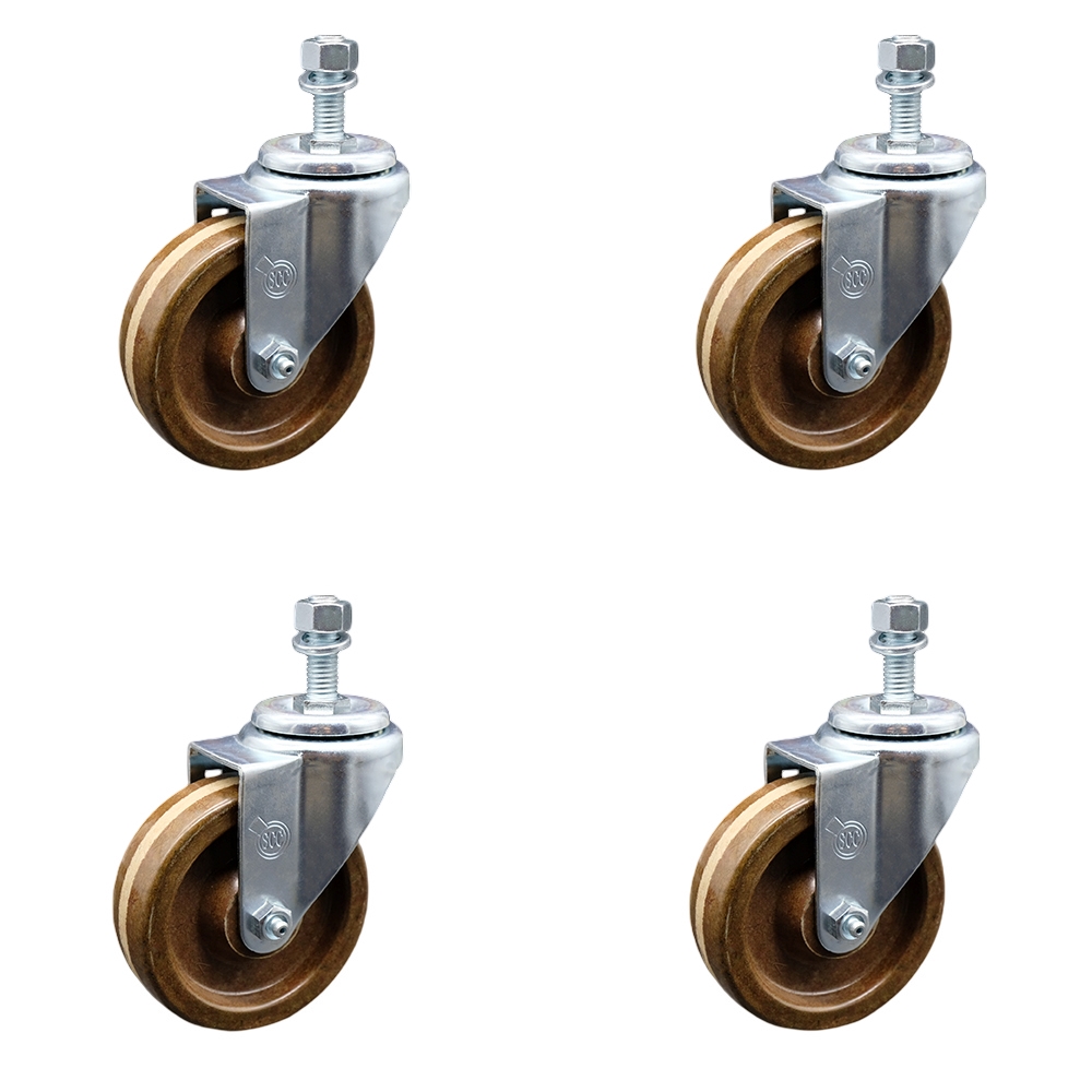 High Temperature Phenolic Swivel Threaded Stem Caster with Roller Bearing with 4 x 1.25 in. Brown Wheels & 0.5 in. Stems - Set of 4
