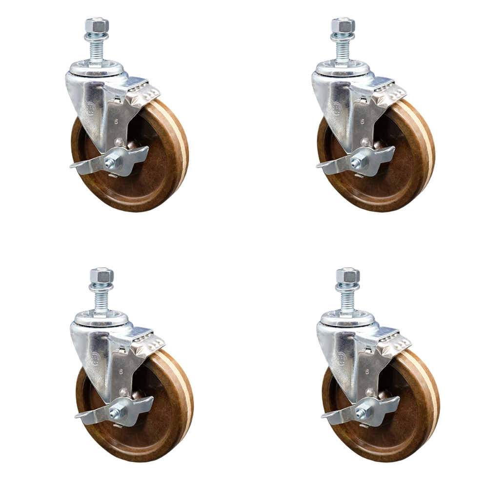 High Temperature Phenolic Swivel Threaded Stem Caster with Roller Bearing with 5 x 1.25 in. Brown Wheels & 0.5 in. Stems - Set of 4
