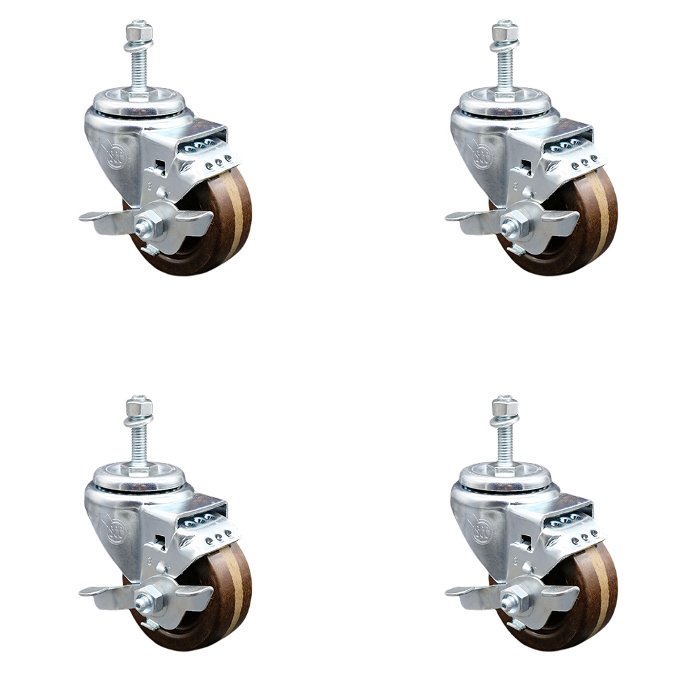 High Temperature Phenolic Swivel Threaded Stem Caster with Roller Bearing with 3 x 1.25 in. Brown Wheels & 0.38 in. Stems - Set of 4