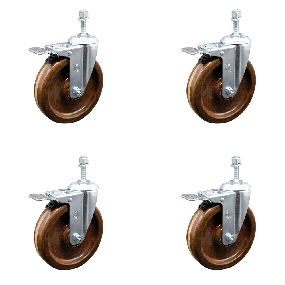 High Temperature Phenolic Swivel Threaded Stem Caster with Roller Bearing with 6 x 1.5 in. Brown Wheels & 0.38 in. Stems - Set of 4