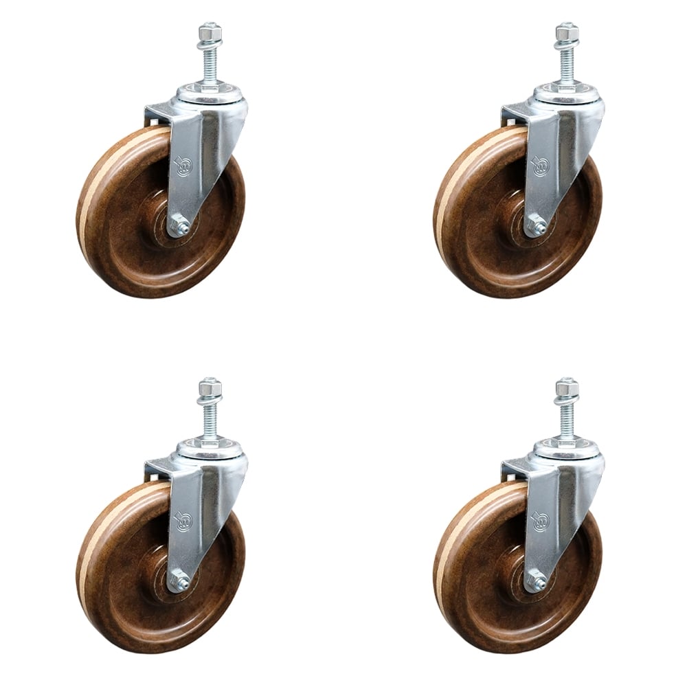 High Temperature Phenolic Swivel Threaded Stem Caster with Roller Bearing with 6 x 1.5 in. Brown Wheels & 12 mm Stems - Set of 4