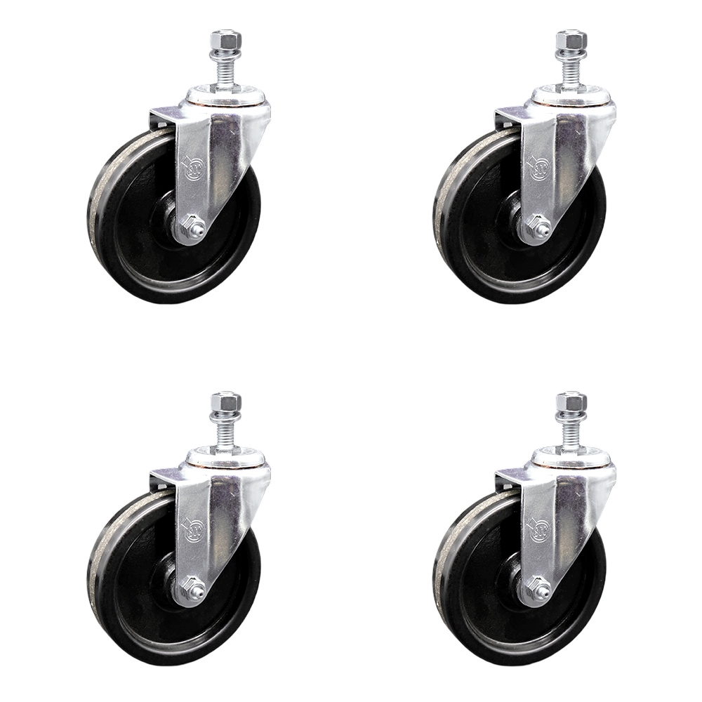 SCC-SSSSTS20S514-PHS-M1215-4 Stainless Steel Phenolic Swivel Threaded Stem Caster with 5 x 1.25 in. Black Wheels & 12 mm Stems - Set of 4