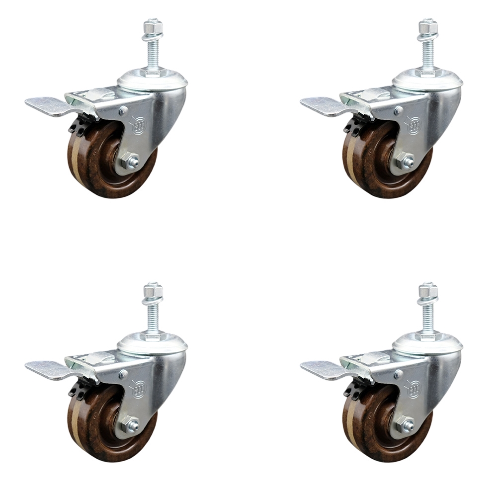 High Temperature Phenolic Swivel Threaded Stem Caster with Roller Bearing with 3 x 1.25 in. Brown Wheels & 12 mm Stems - Set of 4