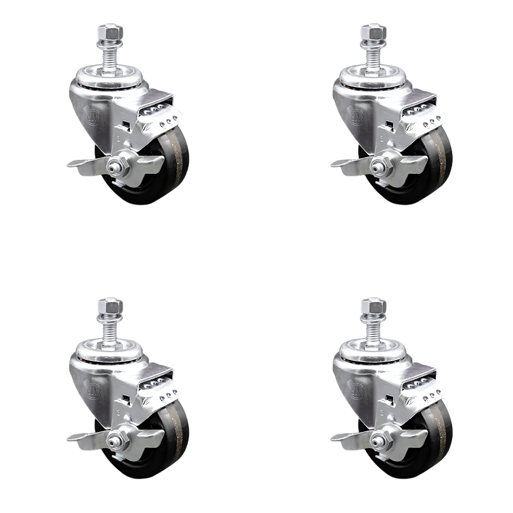 SCC-SSSSTS20S314-PHS-TLB-381615-4 Stainless Steel Phenolic Swivel Threaded Stem Caster with 3 x 1.25 in. Black Wheels & 0.38 in. Stems - Set of 4