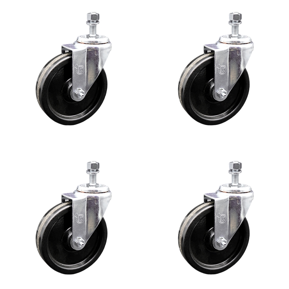 SCC-TS20S514-PHS-M1015-4 Phenolic Swivel Threaded Stem Caster with 5 x 1.25 in. Black Wheels & 10 mm Stems - Set of 4