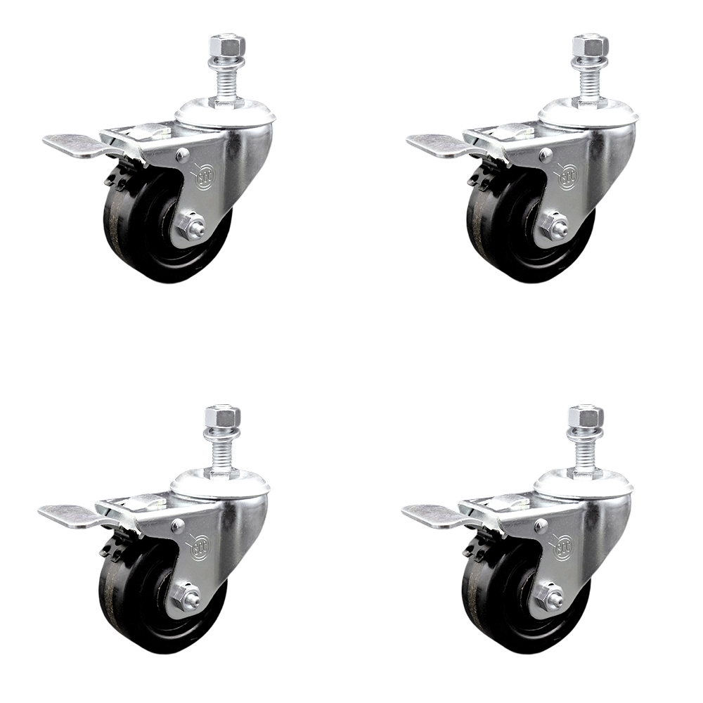 SCC-SSSSTSTTL20S314-PHS-M1015-4 Stainless Steel Phenolic Swivel Threaded Stem Caster with 3 x 1.25 in. Black Wheels & 10 mm Stems - Set of 4