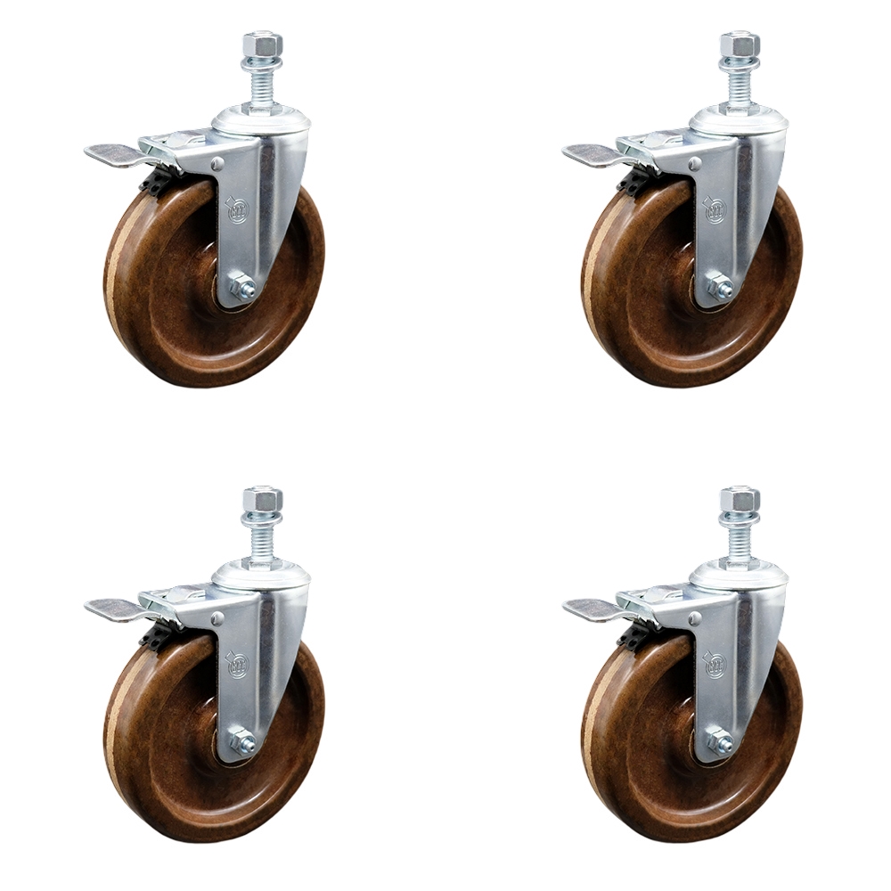 SCC-TSTTL20S514-PHSHT-M1015-4 High Temperature Phenolic Swivel Threaded Stem Caster with 5 x 1.25 in. Brown Wheels & 10 mm Stems - Set of 4