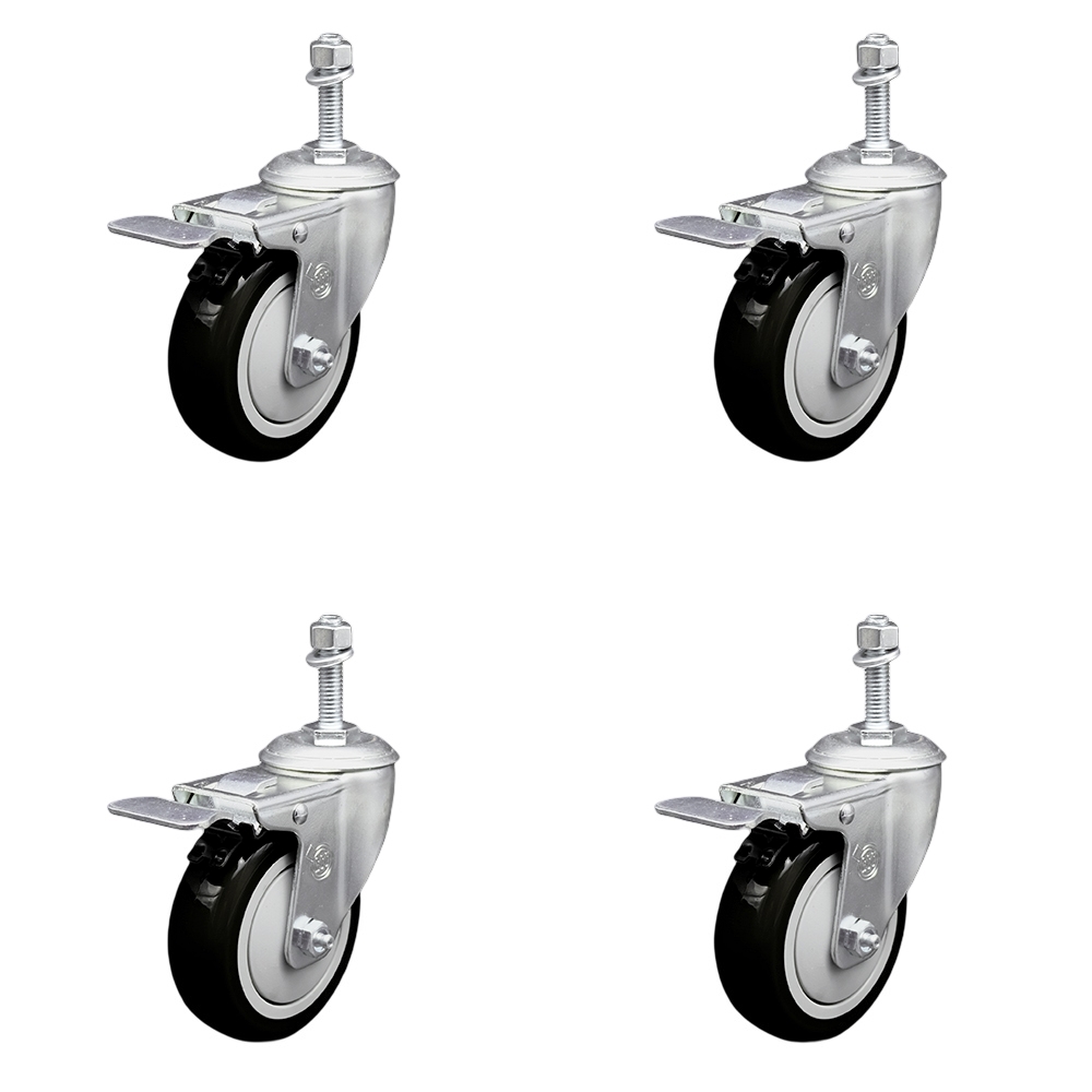 Stainless Steel Polyurethane Swivel Threaded Stem Caster with 4 x 1.25 in. Black Wheels & 0.38 in. Stems - Set of 4