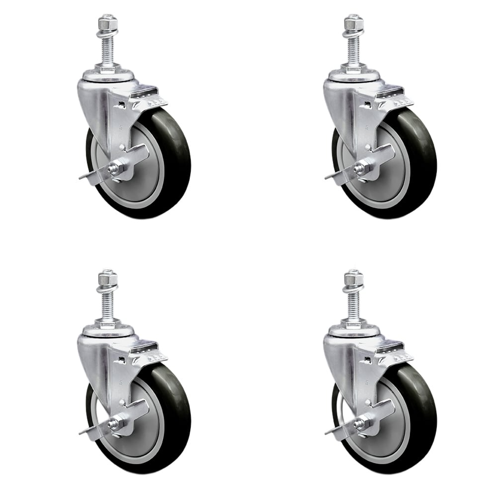 Stainless Steel Polyurethane Swivel Threaded Stem Caster with 5 x 1.25 in. Black Wheels & 0.38 in. Stems - Set of 4